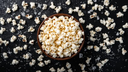 Black backdrop with sugary popcorn in a bowl, perfect for movie snacks.