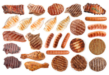 Grilled meat and sausages isolated on white, set