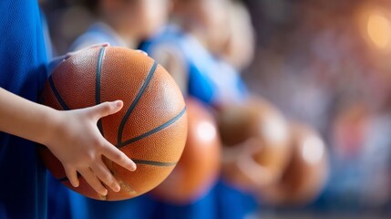 A group of young basketball players stands together on the court, each holding a basketball. They are dressed in vibrant blue jerseys, ready to compete and showcase their skills