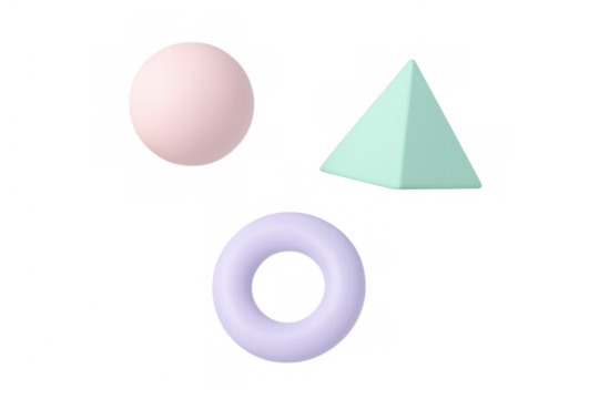 Abstract 3d composition with a pink sphere, green pyramid, and purple torus, rendered with soft lighting and pastel colors