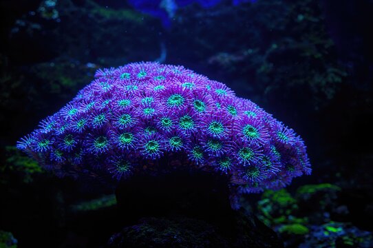 Colorful zoanthus coral showcasing purple and green hues in a marine tank