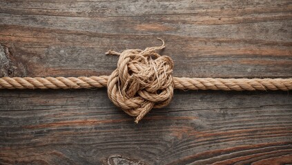 Obraz premium Worn rope tied in a knot on aged wooden surface