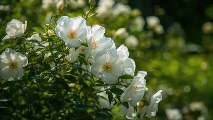 Climbing Rose with White Blossoms (Rosa filipes 'Kiftsgate') in a Garden Setting