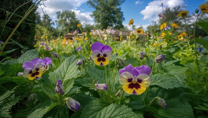 Lovely pansies in shades of purple and yellow blooming in a garden