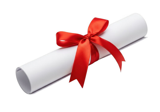 Rolled scroll with red ribbon isolated on transparent background