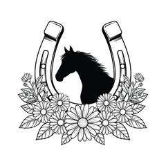 Horse Silhouette within Horseshoe Surrounded by Daisy Flowers and Leaves daisies