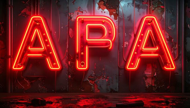 Red neon letters "APA" on a grunge wall