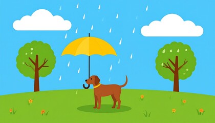 Cartoon dog under umbrella in a park during a light rain