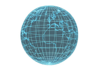 Futuristic wireframe globe representing global network connections and digital technology. Element ready for compositing