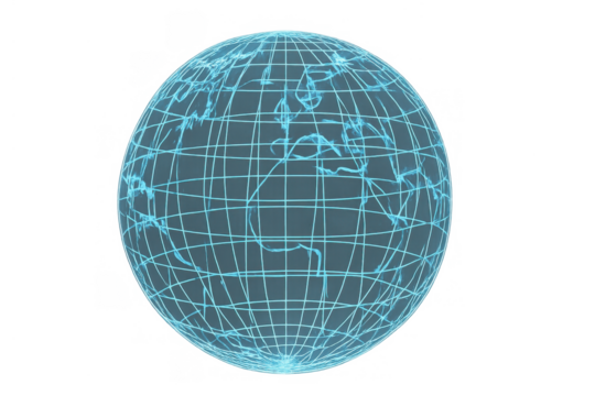 Futuristic wireframe globe representing global network connections and digital technology. Element ready for compositing