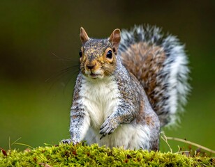 Obraz premium A close-up shot of a gray squirrel perched on a moss-covered log, looking directly at the viewer