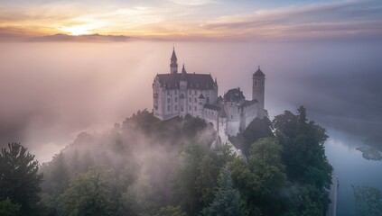 Naklejka premium Castle Shrouded in Mist on a Foggy Morning