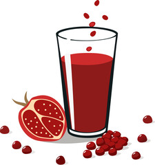 Pomegranate juice in a small glass, seeds scattered around. Silhouette  , white background 