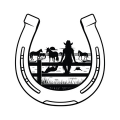 Horseshoe Silhouette Scene with Cowgirl and Horses vector illustration