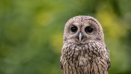 Tawny owl perched with soft-focus green summer foliage behind, adorable juvenile bird. Blank area for text. Ideas of intelligence, charming pet, talisman, warm season, holiday, natural biological