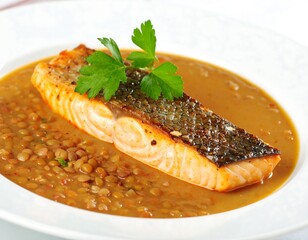 Pan-seared salmon fillet with lentil stew