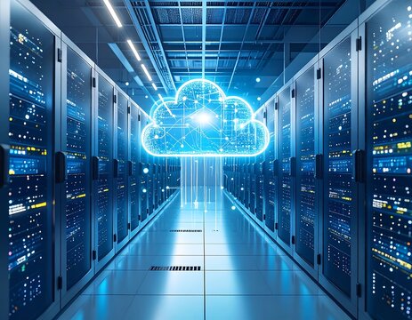 Server room with a cloud graphic