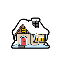 Winter cabin illustration with red door, snowy rooftop, frozen icicles, warm yellow light windows and chimney smoke stack