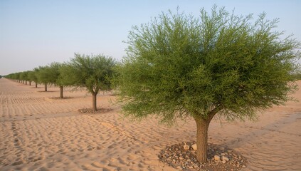 Native trees established by local authorities flourish in arid sandy dune landscapes using drip irrigation technology.