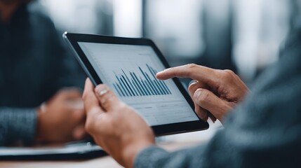 A person s hands hold a tablet displaying a bar graph with a finger pointing to the data