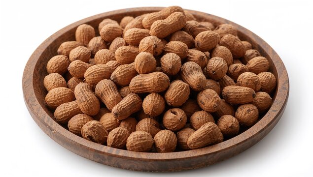 Arachis hypogaea served on a wooden dish, isolated against a white backdrop, perfect as a snack.