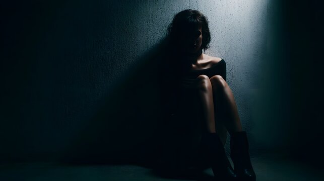 A woman sits huddled in a dimly lit textured corner casting a long shadow