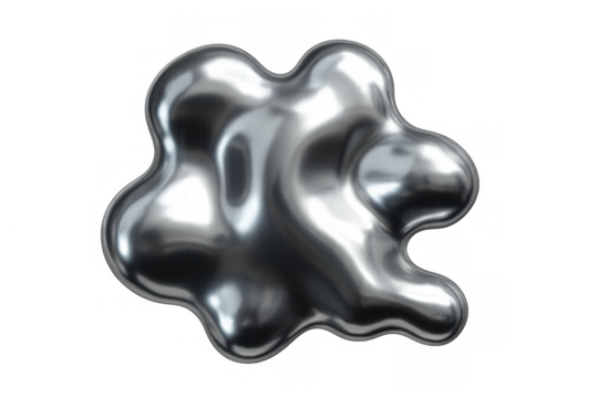 Abstract liquid metal shape spreading. Silver mercury blob forming an organic reflective surface on transparent background