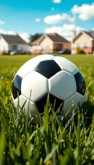 Fototapeta premium Generative AI football on green grass suburban neighborhood.