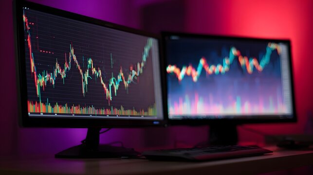 Two computer monitors display colorful market candlestick charts for financial data analysis and trading
