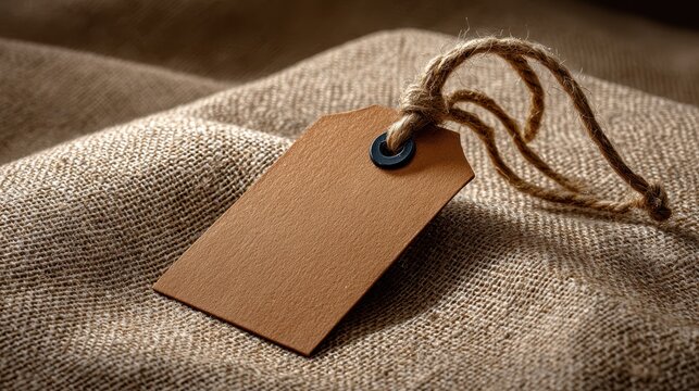 Blank brown cardboard hang tag with twine string resting on textured fabric surface