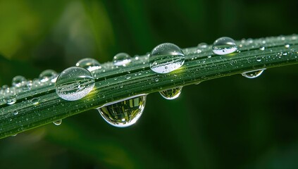 Large, clear water droplets sparkle on a vibrant green leaf in the soft morning light, showcasing natural leaf patterns against a blurred natural backdrop.