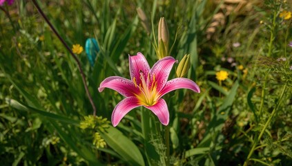 Obraz premium Floral backdrop with pink rain lilies and green leaves