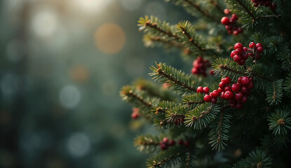 Close up of Christmas tree branch with red berries