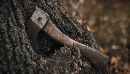 Old-fashioned axe stuck in a tree stump. Close-up view.