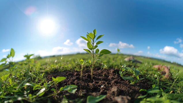 Wide view of a small tree thriving under sunlight, symbolizing a healthy green world for Earth Day - Powered by Adobe