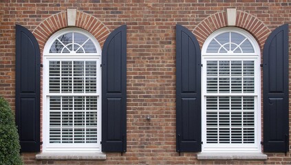 Obraz premium Expansive white-framed arched sash windows with double panes, featuring muntins, brick sills and lintels, elegant crown molding, and curved dark shutters on a brick exterior luxury home