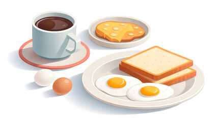 3D Isometric Icon &ndash; Breakfast Set with Coffee, Toast and Eggs isolated on White