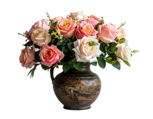 Cutout of an isolated bouquet of artificial roses in a rustic vase for weddings and home deco with the transparent png background