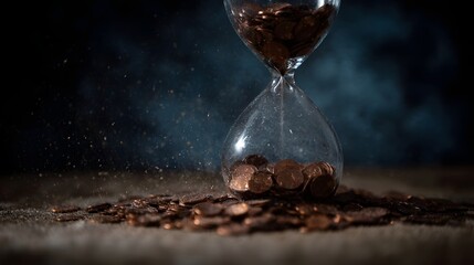 An hourglass filled with coins with more coins falling through the neck onto a scattered pile