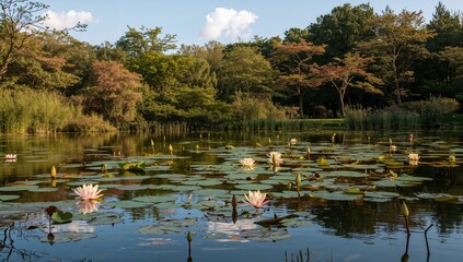 Water lilies blooming in a serene garden pond