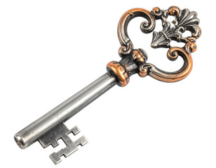 Old Ornate Skeleton Key Top-Down View with Detailed Carvings and Dual-Tone Finish, isolated on transparent background