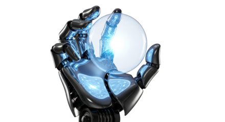 Robot hand holding a glowing sphere on transparent background