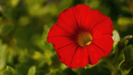 Obraz premium Macro shot of a vivid red petunia blossom set against lush greenery.