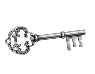 Antique Silver and Bronze Skeleton Key Front View with Ornate Filigree Design, isolated on transparent background