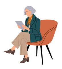 Fototapeta premium Elderly woman with short silver hair sitting in a terracotta armchair using a tablet. Modern flat design in professional minimalist style. Vector illustration isolated on transparent background