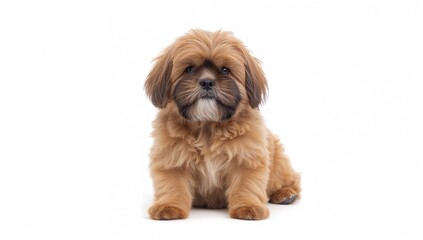 8-month-old Lhasa Apso puppy posing against a plain white backdrop