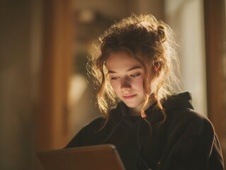 Young woman creating generative ai art on tablet beta generation