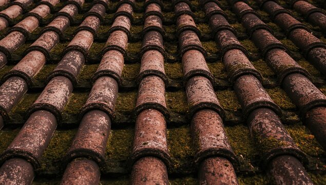 Detailed close-up of a multicolored curved clay tile roof from a historic house during late afternoon sunlight, featuring aged tiles and moss growth. Natural continuous pattern.