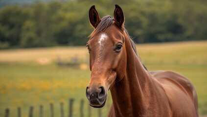Naklejka premium Portrait of a chestnut horse in a natural setting
