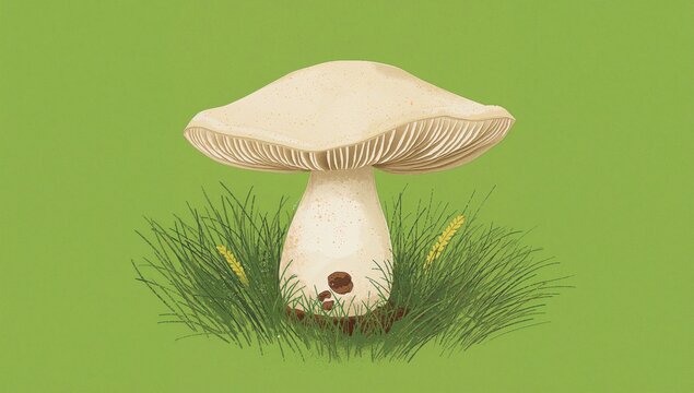 White Mushroom Against a Lush Green Backdrop. Natural Edible Fungus.